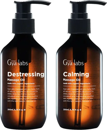 Gya Labs Aceite de masaje destresante y aceite calmante para el cuerpo, juego de aceites esenciales puros de grado aromaterapia, 2 x 6.8 fl oz