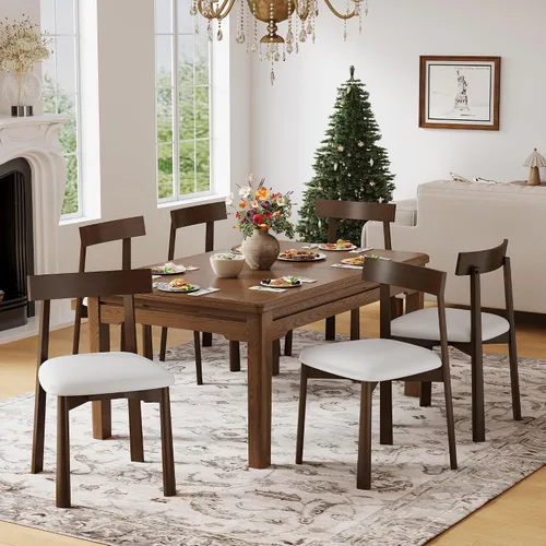 Miniatura 3 de Juego de 2 sillas de comedor de madera maciza con respaldo curvo, modernas sillas auxiliares de cocina de piel sintética de mediados de siglo