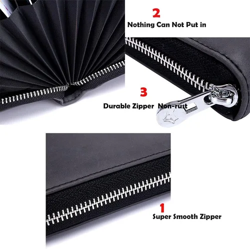 Miniatura 5 de boshiho Cartera con bloqueo RFID de 24 ranuras para tarjetas de crédito, de piel auténtica, organizador de múltiples tarjetas, con cremallera