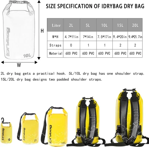 Miniatura 3 de IDRYBAG Bolsa seca para kayak impermeable 2L/5L/10L/15L/20L, pequeña bolsa impermeable para navegación