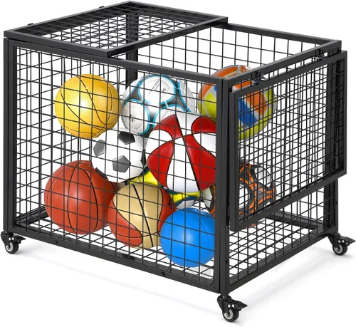 Miniatura 8 de AECOJOY Almacenamiento de carrito de bolas, cubo de baloncesto con ruedas para garaje, escuela, gimnasio, equipo deportivo y organizador