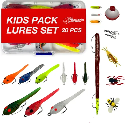 DeLong Lures Paquete de 20 señuelos de pesca para niños, kit de señuelos preaparcados fáciles de usar para Bluegill, Bass y Crappie, cebos de