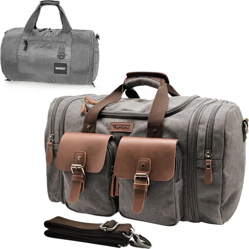Miniatura 22 de Wildroad Bolsa de viaje de lona de 50L, bolsa de lona expandible de cuero genuino, bolsa de fin de semana mejorada para una noche, bolsa de mano