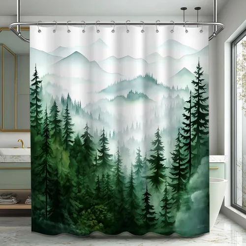Miniatura 28 de Cortina de ducha azul marino de bosque Cortina de ducha azul oscuro de montaña y naturaleza para decoración de baño de hombres, tela impermeable