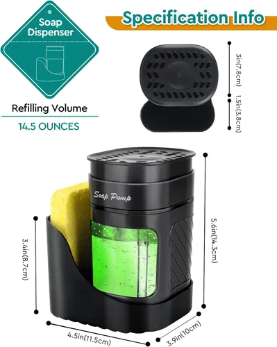 Miniatura 6 de Dispensador de jabón para platos 3 en 1 con soporte de esponja para fregadero de cocina (incluye una esponja), juego de dispensador de jabón de Negro