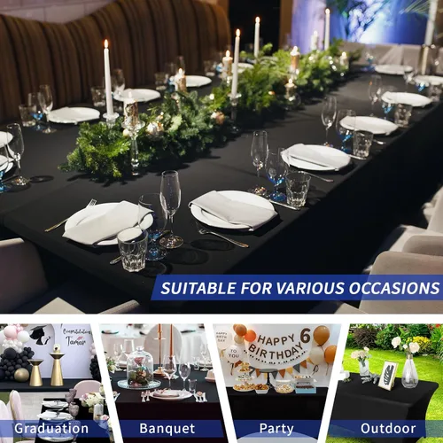 Miniatura 6 de Fixwal Paquete de 12 Cubiertas de Mesa de Spandex Negro para Mesas de 6 Pies, Fundas de Mesa Rectangulares Ajustadas Elásticas para Bodas