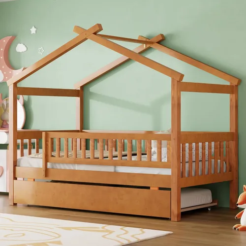 Miniatura 22 de Harper & Bright Designs Cama de madera con nido, marco de cama Platforn para niños de tamaño individual con rieles de valla y techo para niñas