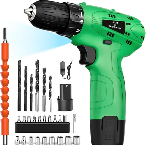 Tegatok Juego de Taladro Inalámbrico, Juego de Taladro Eléctrico de 12V con Batería y Cargador, Brocas de Taladros Eléctricos, Mandril sin Llave de
