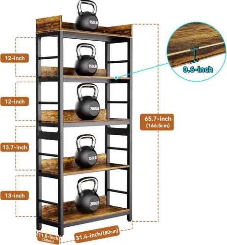 Miniatura 3 de Aquzee Librería, 66 "H 5-Tiers Heavy Duty Industrial Estantería de Madera y Metal, Rústica y Negro Unidades de Estante Alto para el Hogar, Oficina