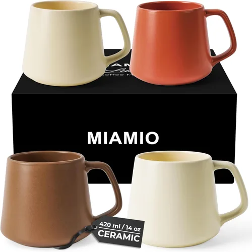 MIAMIO - Juego de 4 tazas de café / tazas de café grandes de cerámica (14 onzas) - Taza para capuchino, té, espresso - Aptas para microondas y