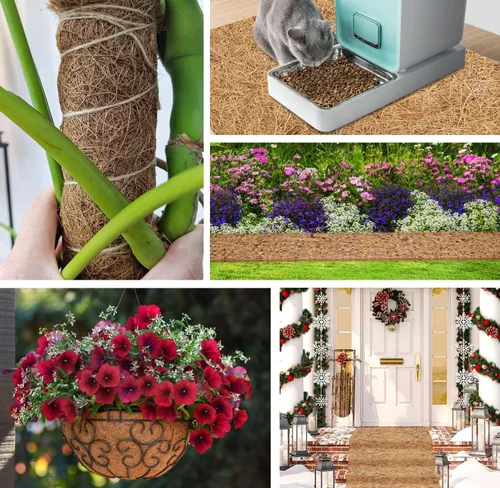 Miniatura 7 de Rollo de mantillo natural para paisajismo, tapete de fibra de coco gruesa orgánica de 120 x 6.3 pulgadas con estacas de acero en forma de 20U, rollo