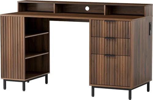 Miniatura 9 de EYYTHUNG Escritorio ejecutivo acanalado con estante de almacenamiento y cajón de archivos, escritorio de oficina de madera moderno de 55 pulgadas