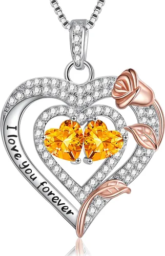 Valentines Day Gifts - Sterling Silver Rose Heart Birthstone Necklace Anniversary Birthday Christmas Mothers Day Gifts - Women Jewelry Gifts for