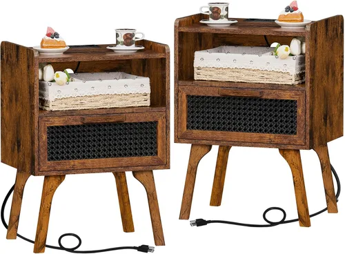 Miniatura 10 de Lerliuo Mesita de noche de ratán con estación de carga, Mesa auxiliar bohemia con cajón y estante abierto, Mesa auxiliar con acento de caña