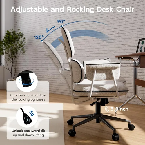 Miniatura 8 de Silla de oficina de tela con lino granular, silla de escritorio vintage con respaldo medio con ruedas y brazos anchos, sillas de escritorio modernas