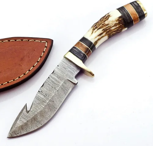BLAYDZ Cuchillo de caza de acero Damascus con cuerno de venado y gancho intestinal - Cuchillo de caza de 8 pulgadas con hoja de gancho intestinal y