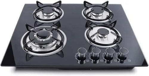 Placa de cocina de gas incorporada de 23 pulgadas, 4 quemadores, cocina de gas natural y propano, vidrio templado y marco de acero inoxidable para