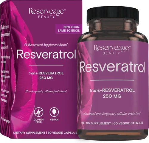 Reserveage Beauty Resveratrol 250 mg - Mejor Trans-Resveratrol - Suplemento antioxidante vegano para la salud celular y cardíaca - Ayuda al