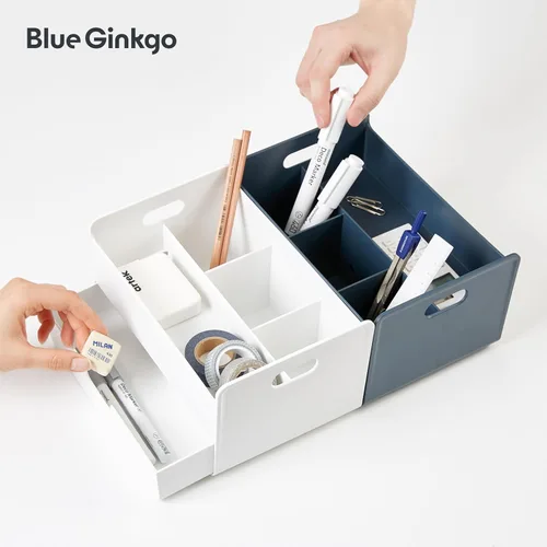 Miniatura 7 de BLUE GINKGO Organizador de escritorio portátil, compacto con 3 compartimentos, almacenamiento de medio cajón, soporte para bolígrafos, organizador