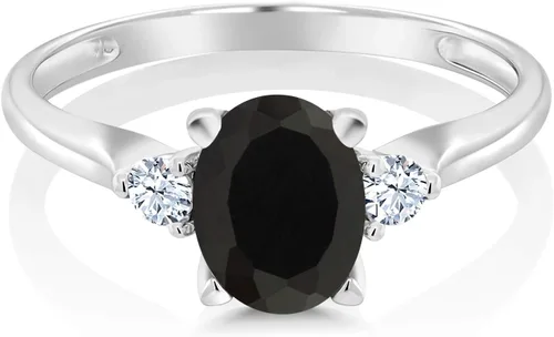 Miniatura 2 de Gem Stone King Anillo de compromiso de 3 piedras de oro blanco de 10 quilates con ónix negro y zafiro blanco creado para mujer