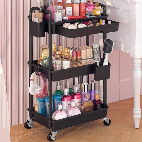 Goovilla Carrito Organizador de Maquillaje Rodante con Cajón Extraíble, Carrito de Almacenamiento de Cuidado de la Piel de 3 Niveles Estable Negro