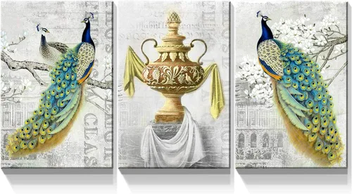 Miniatura 9 de Denozer Lienzo decorativo para pared, 3 paneles, 24 x 32 pulgadas, elegante, pavo real azul con imagen floral blanca, impresión de pintura de Art01