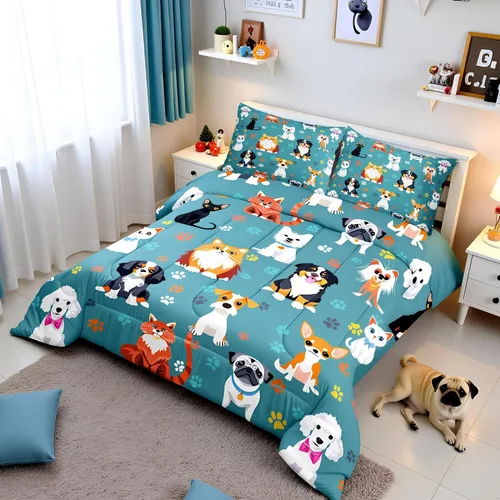 Miniatura 2 de Juego de edredón lindo de perro y gato, tamaño matrimonial, juego de ropa de cama colorido con estampado de patas de cachorro, 3 piezas para niños