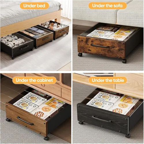 Miniatura 7 de Almacenamiento debajo de la cama con ruedas, 2 paquetes de contenedores de almacenamiento de madera extra grandes debajo de la cama, organizador