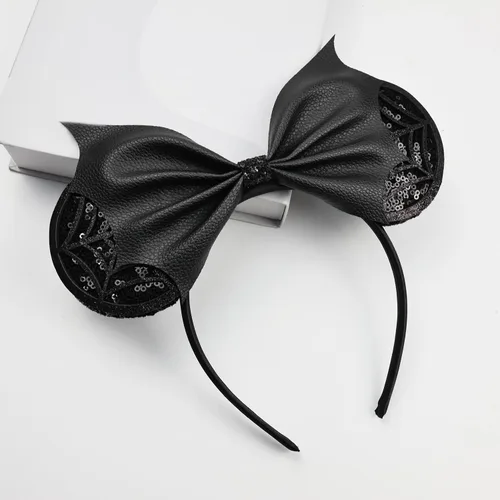 Miniatura 3 de Diadema negra con orejas de ratón de lentejuelas con lazo de ala de poliuretano, lazo de pelo de murciélago de Halloween, decoración de fiesta