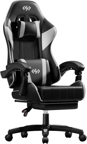 Miniatura 10 de HLDIRECT Silla de juegos, silla ergonómica de oficina para computadora con soporte lumbar, reposapiés, reposacabezas, piel sintética, giro de 360°