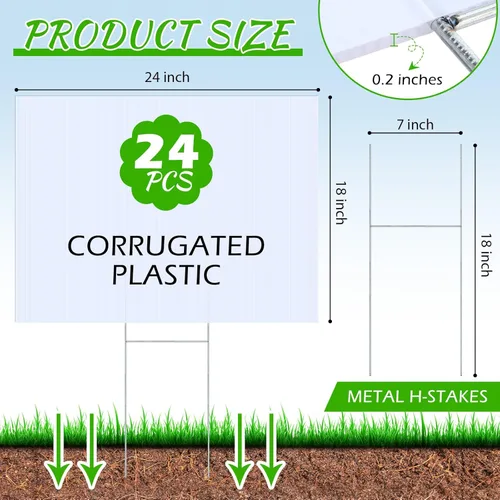Miniatura 2 de Timgle Juego de 24 letreros en blanco para patio y estacas de metal en H, señalización grande de plástico corrugado blanco de 18 x 24 pulgadas