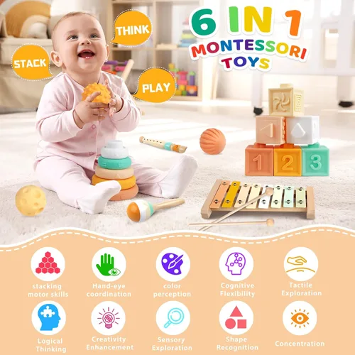 Miniatura 2 de Wuzhineisn Juguetes Montessori 6 en 1 Instrumentos musicales para niños pequeños, bloques apilables, desarrollo de aprendizaje, juguete educativo