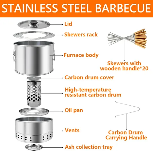 Miniatura 7 de Parrilla de carbón sin humo de acero inoxidable, parrilla de barril de carbón con diseño envolvente, parrilla de barbacoa al aire libre sin humo