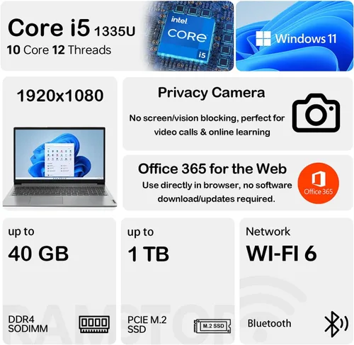 Miniatura 3 de Lenovo IdeaPad 2025 Laptop delgada y ecológica FHD de 15.6 pulgadas, Intel 10-Core i5-1335U (Beat Ryzen 7 7730U), Office 365 para la Web, 8 GB