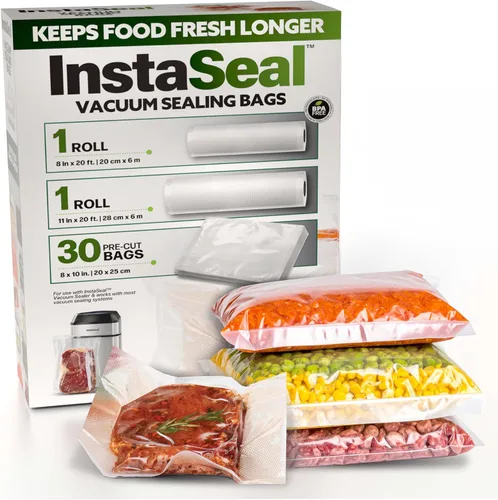 InstaSeal Bolsas selladoras al vacío para alimentos, 1 rollo de 8 pulgadas x 20 pies + 1 rollo de 11 pulgadas x 20 pies + 30 bolsas de sellado al