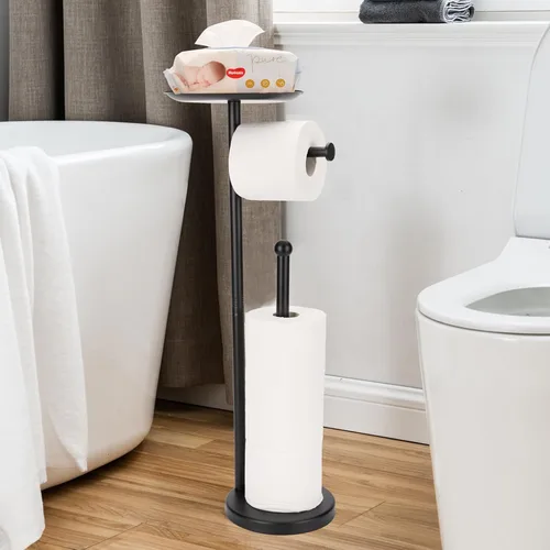 Soporte de Papel Higiénico Negro, Soporte de Papel Higiénico Independiente con Estante para Artículos Pequeños, Soporte de Papel Higiénico con