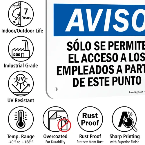 Miniatura 4 de SmartSign - S-1225-B-AL-10 Aviso - Señal bilingüe solo para empleados más allá de este punto Aluminio de 7 x 10 pulgadas