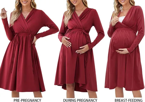 Miniatura 4 de OUGES Vestido de maternidad para mujer 2023, manga larga, cuello en V, vestidos de embarazo con bolsillos