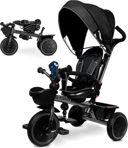 KRIDDO Carrito de triciclo 7 en 1 para niños pequeños de 18 meses a 5 años, mango de empuje ajustable, asiento giratorio, portavasos y toldo