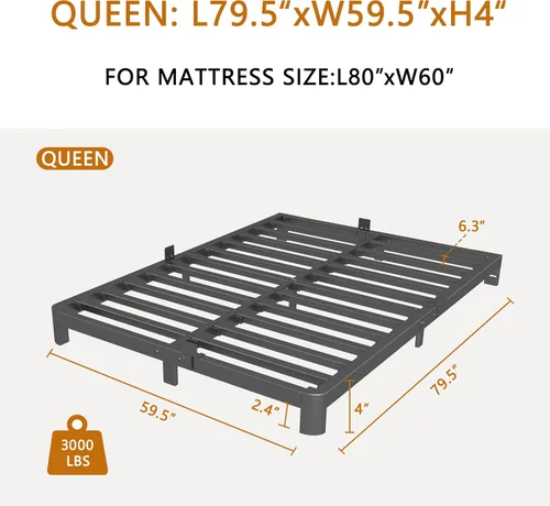 Miniatura 2 de Base de cama baja de 4 pulgadas, tamaño Queen, marco de cama Queen de perfil bajo, no necesita somier, con topes de colchón, cabecera de bricolaje