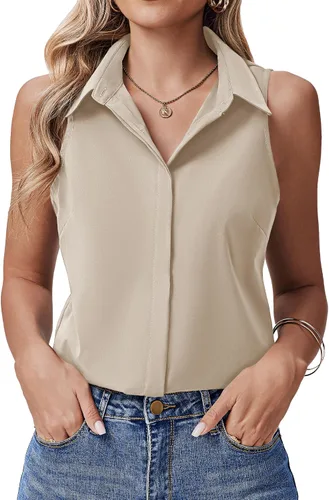 Miniatura 19 de HOTOUCH Camisas sin mangas con botones ocultos para mujer, frente con botones ocultos, cuello, blusas casuales elegantes holgadas para oficina