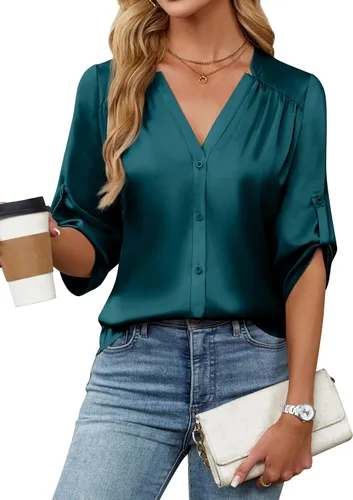 Miniatura 8 de Blooming Jelly Camisas con botones para mujer de manga 3/4, tops casuales elegantes, blusas de negocios de satén de seda plisado 2025