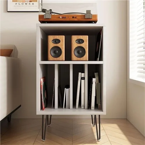 Miniatura 11 de Soporte para tocadiscos de madera, mesa de tocadiscos de gran capacidad, gabinete de almacenamiento abierto para medios, adecuado para sala