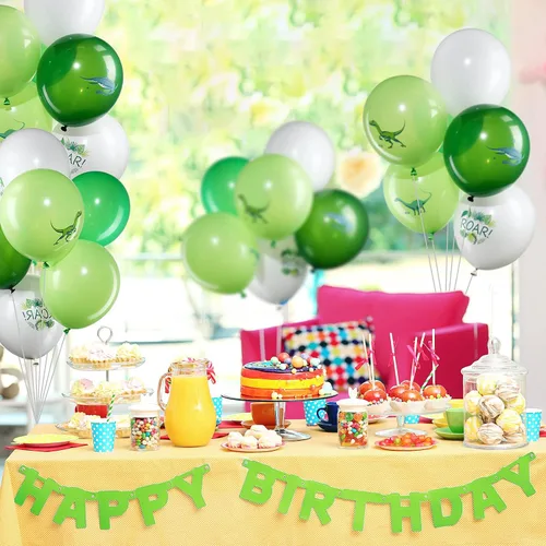 Miniatura 4 de Zomiboo 36 globos de dinosaurio de 12 pulgadas con estampado de dinosaurios para fiestas de cumpleaños de niños, látex de dinosaurio verde y blanco