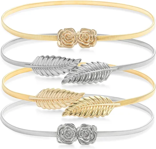 Juvale Cinturones de cintura metálicos elásticos y ajustados, cinturones de metal dorado y plateado de dos tonos para mujer con patrón de hojas y