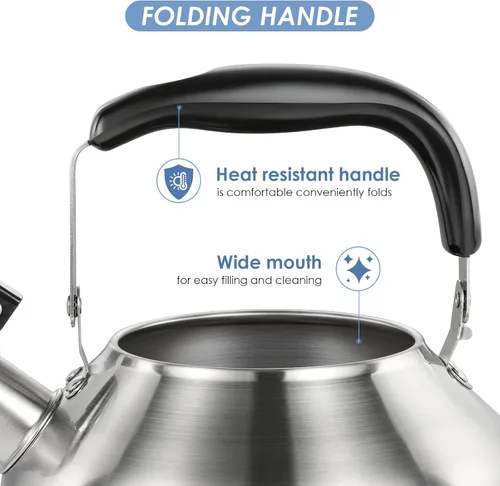 Miniatura 8 de Hervidor de té silbante grande de 4.2 cuartos de galón/4L, acero inoxidable 304 satinado cepillado, hervir rápido para estufas de inducción y gas