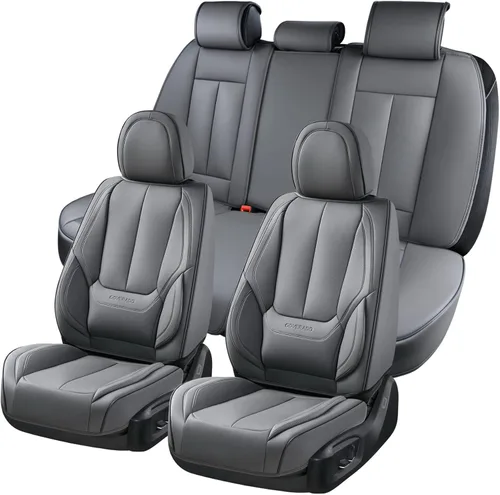 Miniatura 2 de Coverado - Juego completo de fundas de asiento de automóvil grises de cuero napa, impermeables, con cojín para asientos delanteros y respaldos, apto