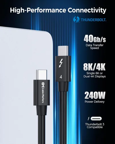 Miniatura 2 de Cable Matters [Certificado por Intel] Cable Thunderbolt 4 de 40Gbps 1 pie con video 8K y carga de 240W - 0,3m, compatible con USB4, Cable
