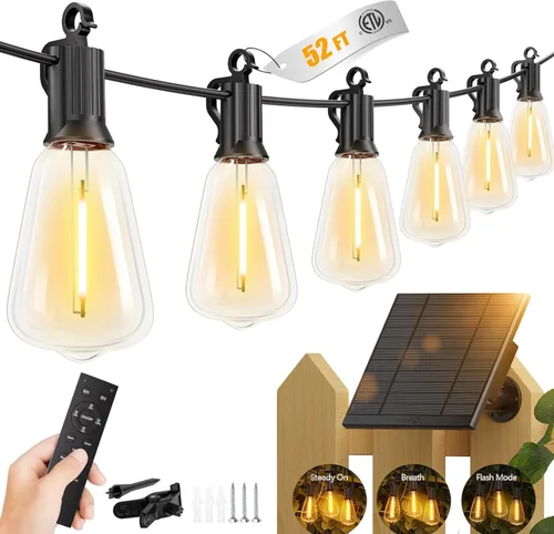 Miniatura 15 de Brightown Guirnalda de luces solares de 37 pies para exteriores, impermeable, con control remoto, 10+1 bombillas LED inastillables, regulables