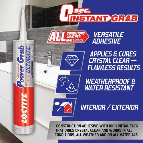 Miniatura 3 de Loctite Power Grab Ultimate Crystal Clear - Adhesivo de construcción transparente como cristal, cartucho de 9 onzas líquidas, 1 paquete - Pegamento